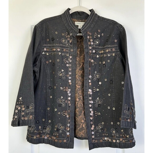 Coldwater Creek Open Jacket Black Denim Sequin Trim Sz Large Boho Cottagecore - Picture 1 of 13